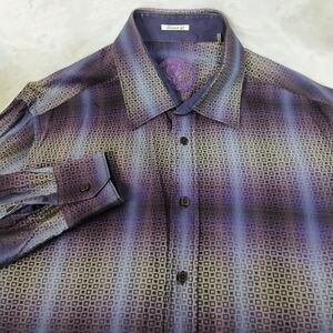 Bugatchi Purple Ombre Geometric Long Sleeve Shirt Mens Large Cotton Button Up N